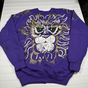 Vintage‎ Hanes Crewneck Sweatshirt Lion Glitter Unisex Large Purple Gold FUC